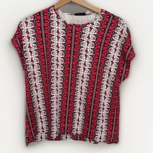 J. Jill Wearever Short Sleeve Top Red White Black Geometric Striped Size XS